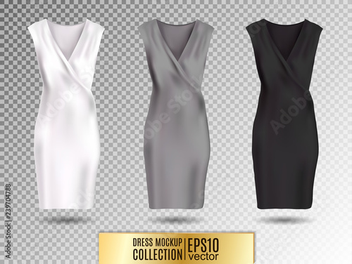 Women's dress mockup collection. Dress with long pleated skirt. Realistic vector illustration. Fully editable handmade mesh. Festive dress without sleeves. White, gray and black variation