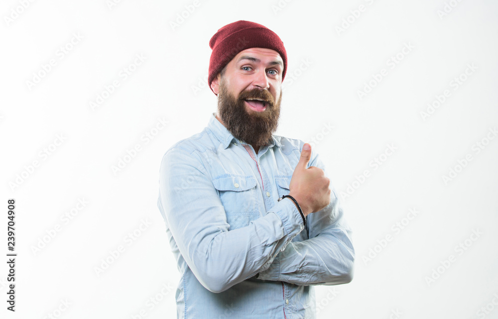 Bearded man posing confidently on white background. Hipster bearded guy wear bright hat accessory. Barbershop concept. Man bearded with mustache brutal masculine appearance. Hipster style and fashion Bearded man posing confidently on white background. Hipster bearded guy wear bright hat accessory. Barbershop concept. Man bearded with mustache brutal masculine appearance. Hipster style and fashion