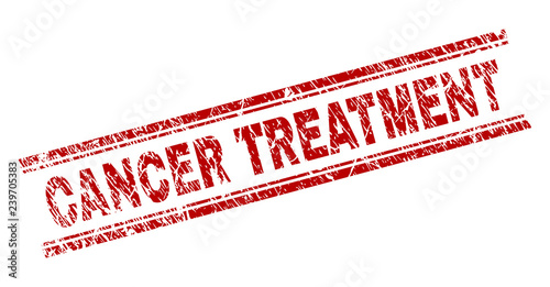 CANCER TREATMENT seal print with grunge effect. Red vector rubber print of CANCER TREATMENT text with grunge texture. Text label is placed between double parallel lines.