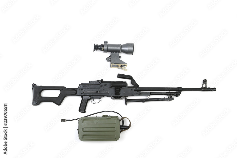 Machine gun with magazine and optical sight