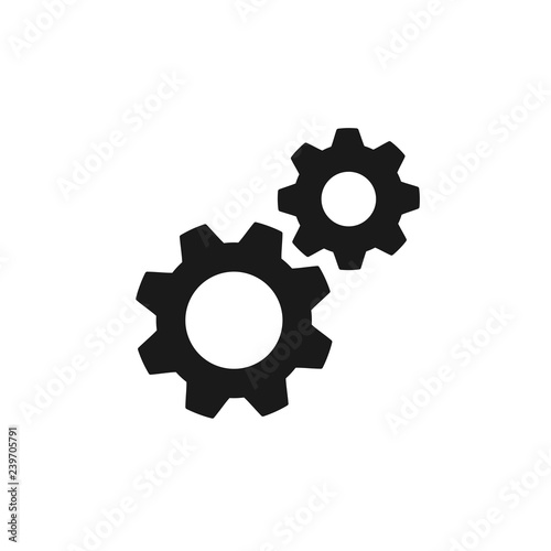 Black isolated icon of two cogwheels on white background. Silhouette of gear wheel. Flat design. Settings.