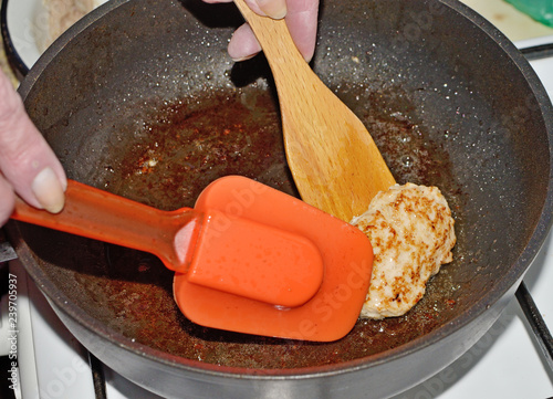 In a frying pan fry the Turkey cutlets. photo