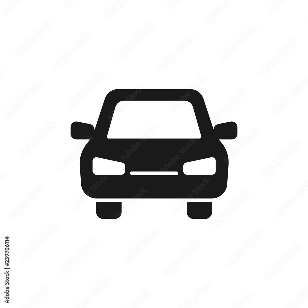 Black isolated icon of car on white background. Silhouette of automobile, Flat design. Front view.