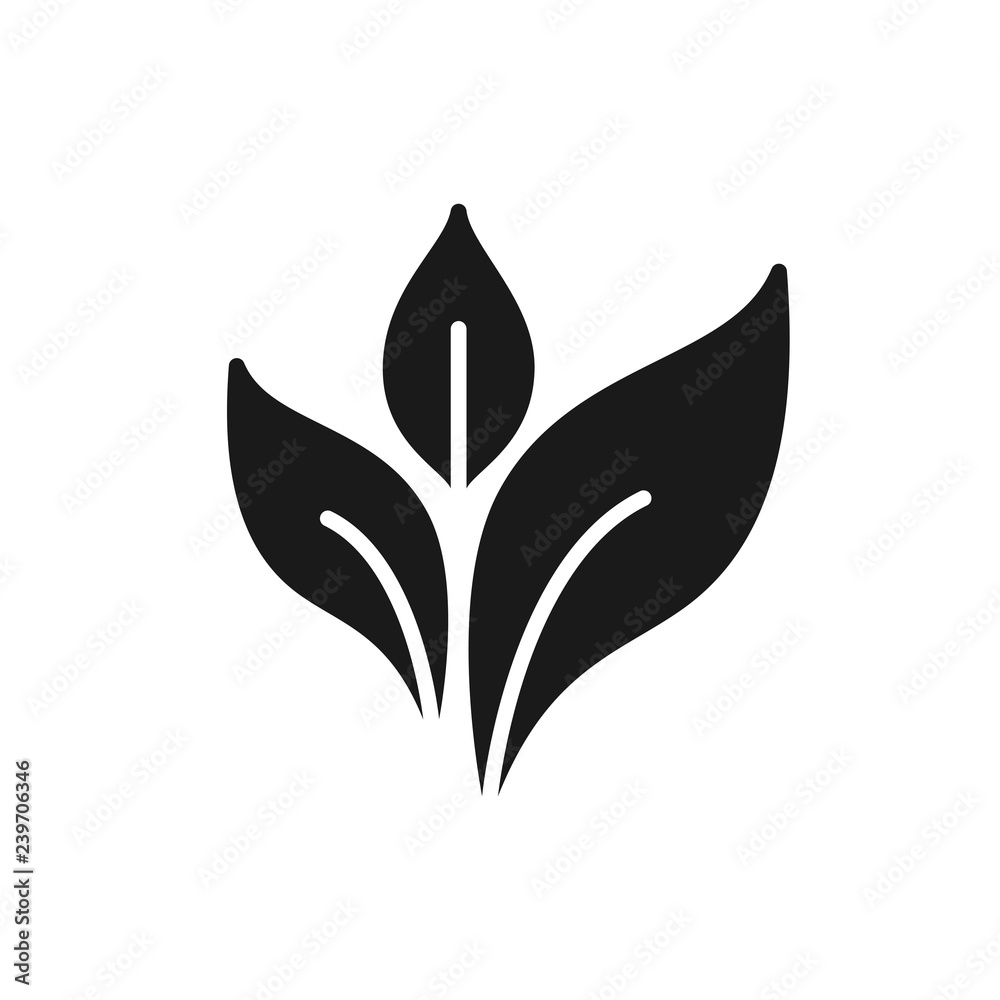 Black isolated icon of plant on white background. Silhouette of leaf. Flat design.