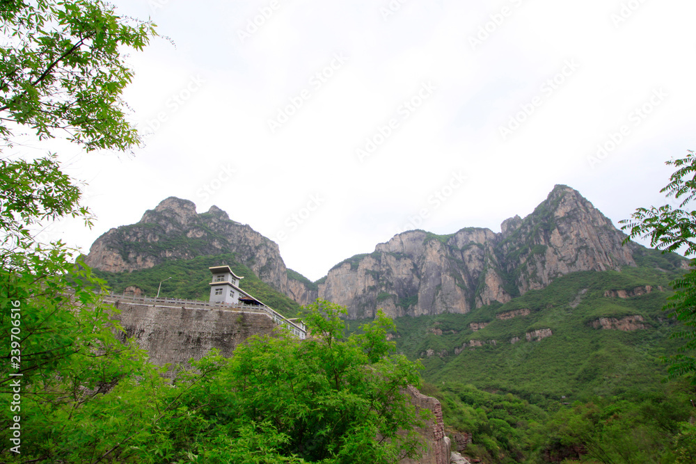 reservoir dam scenery in yuntai mountain scenic spot, jiaozuo, henan province, China.