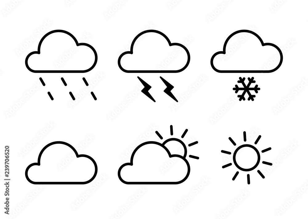 Set of black isolated outline icons of weather on white background. Line icons of meteorological symbols. Flat design. Sun, snow, rain, thunderstorm, cloud.