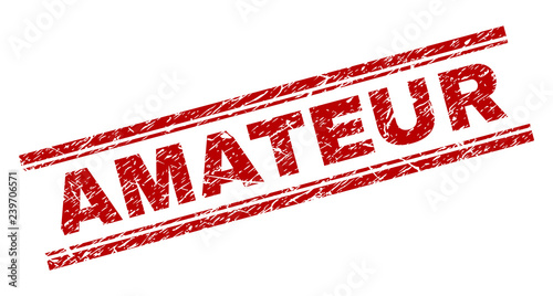 AMATEUR seal print with corroded texture. Red vector rubber print of AMATEUR tag with retro texture. Text tag is placed between double parallel lines.