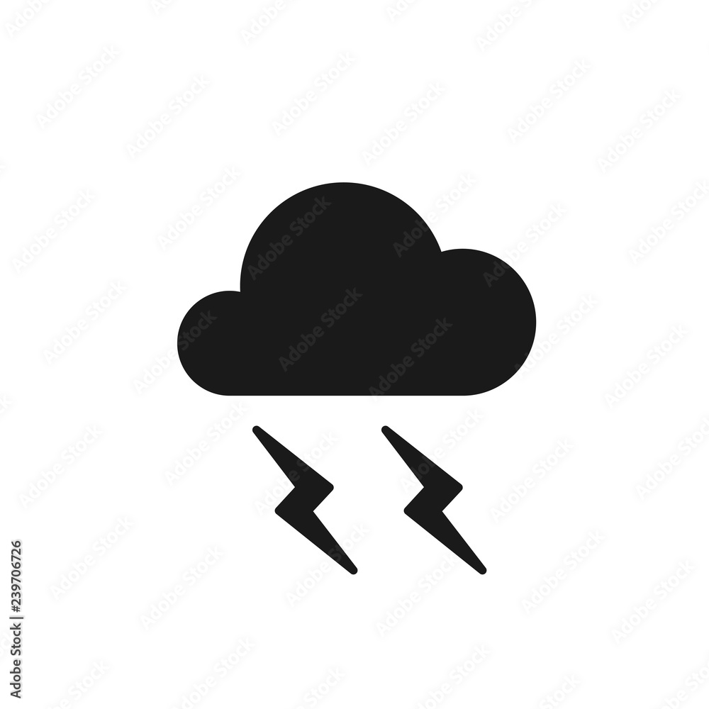 Black isolated icon of cloud with lightning on white background. Silhouette of thunder, thunderstorm. Flat design. Black isolated icon of cloud with lightning on white background. Silhouette of thunder, thunderstorm. Flat design.
