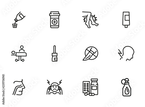 Trauma line icon set. Set of line icons on white background. Healthcare concept. Drug product, pain, surgery. Vector illustration can be used for topics like medicine, health, treatment photo