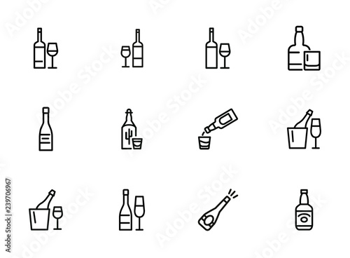 Wine and beer line icon set. Set of line icons on white background. Alcohol concept.  Bottle, glass, wine, beer. Vector illustration can be used for topics like bar, alcohol, restaurant