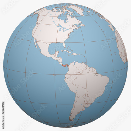 Panama on the globe. Earth hemisphere centered at the location of the Republic of Panama. Panama map.