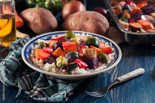 Roasted vegetables with rice on a plate