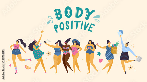 Happy plus size girls in different pose: sport, party, love, health care and work. Attractive body positive women. Vector illustration