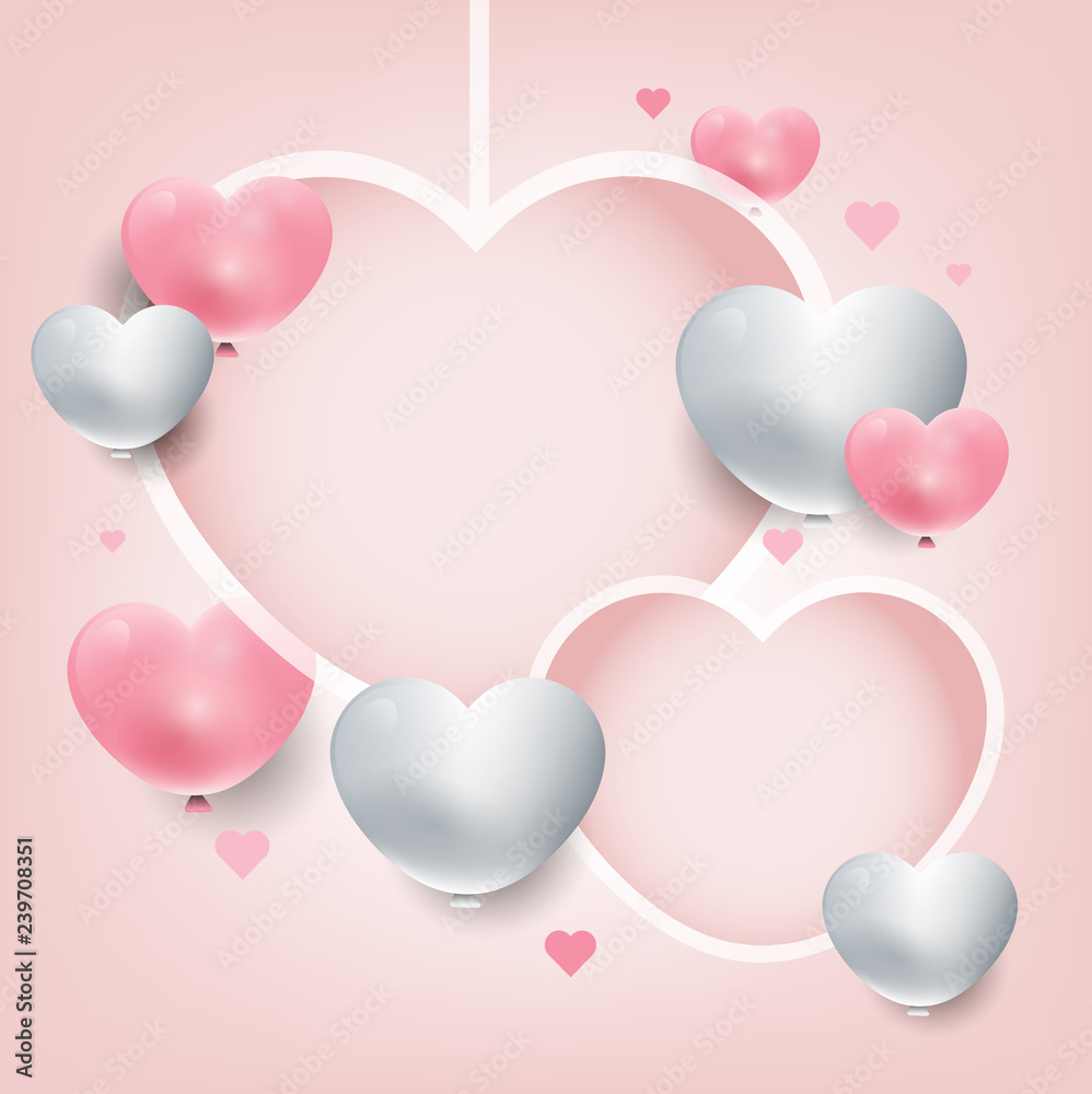 Valentine’s day background hanging hearts. Pink and white 3d hearts. Sweet promotion banner. Vector design template for website, greeting card, love party