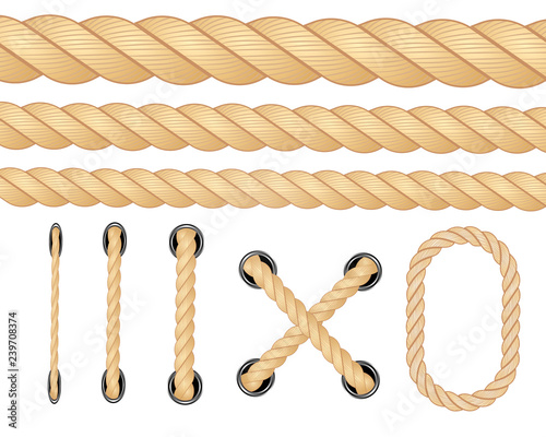 Nautical rope. Round and square rope frames, cord borders. Sailing vector decoration elements. Rope marine, nautical border, cord round, string knot twisted illustration