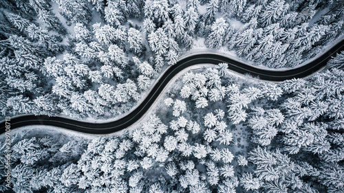 Naklejka bezklejowa Kręta droga wietrzna w lesie pokryte śniegiem, widok z lotu ptaka z góry na dół