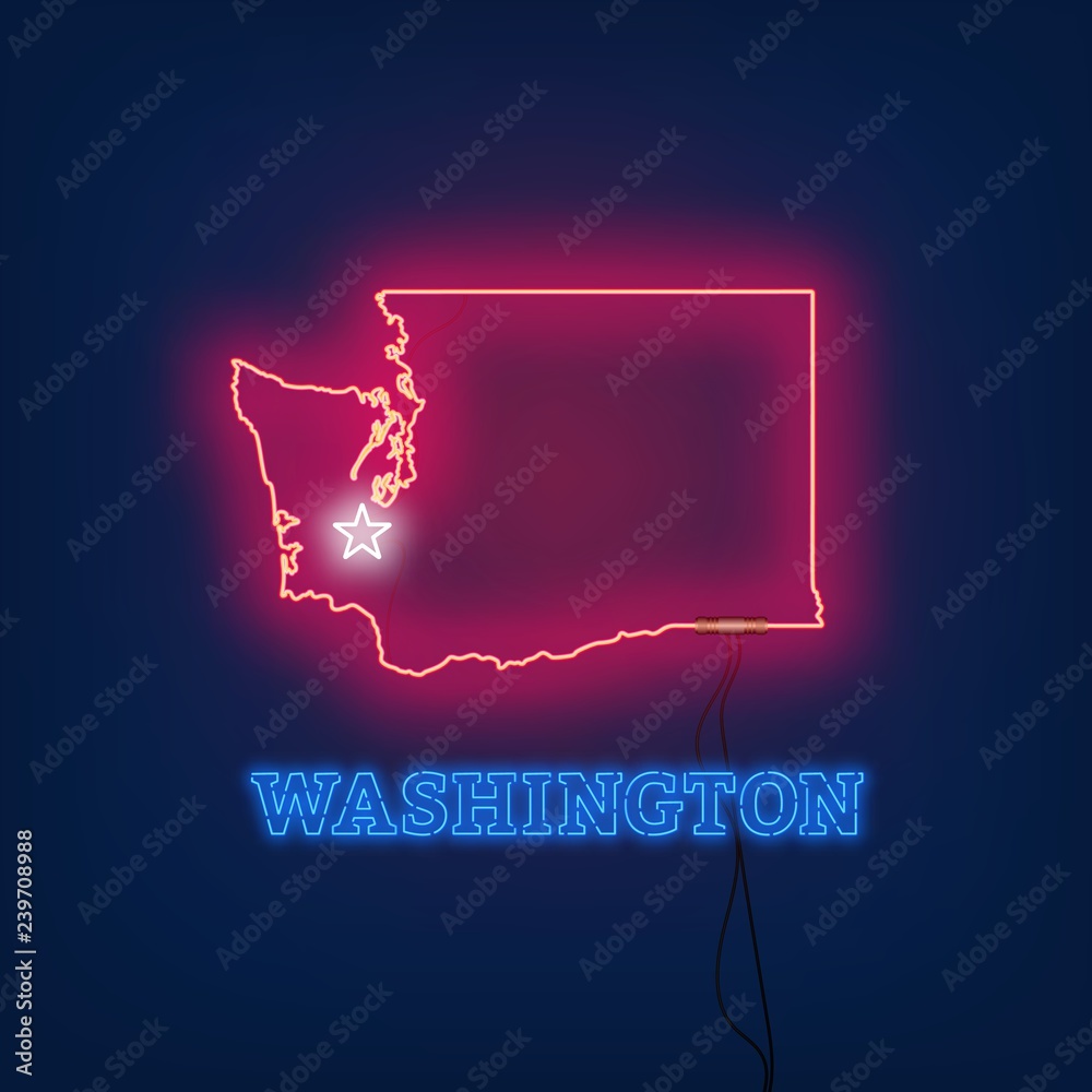 Neon map State of Washington on dark background. Vector Illustration.