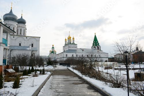 NIZHNY NOVGOROD, RUSSIA - MARCH 16, 2017: Winter view of Trinity Makaryev Zheltovodsky Monastery located on the cost of Volga river in Nizhny Novgorod region