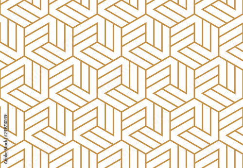 Abstract geometric pattern with stripes, lines. Seamless vector background. White and gold ornament. Simple lattice graphic design