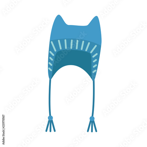 Vector cute blue hat with earflaps and tassels. Cold weather, winter outdoor leisure activity cloth with traditional ornament. Vector isolated illustration.