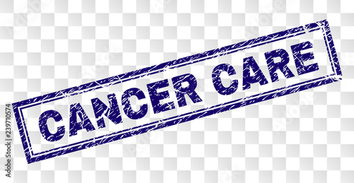 CANCER CARE stamp seal print with rubber print style and double framed rectangle shape. Stamp is placed on a transparent background. Blue vector rubber print of CANCER CARE label with grunge texture.