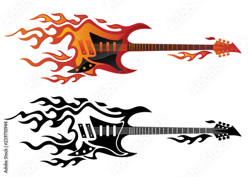 Electric guitar on fire in full color and black flames vector illustration