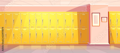 Vector cartoon school or college corridor with bright yellow lockers for students, pupils. University passage, hallway with wardrobes, changing room. Background with pink walls, tile floor.