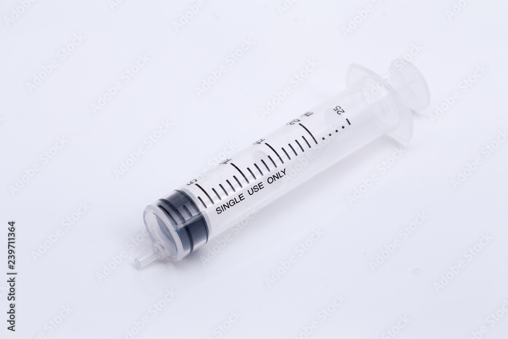 Closed up syringe on isolated background.