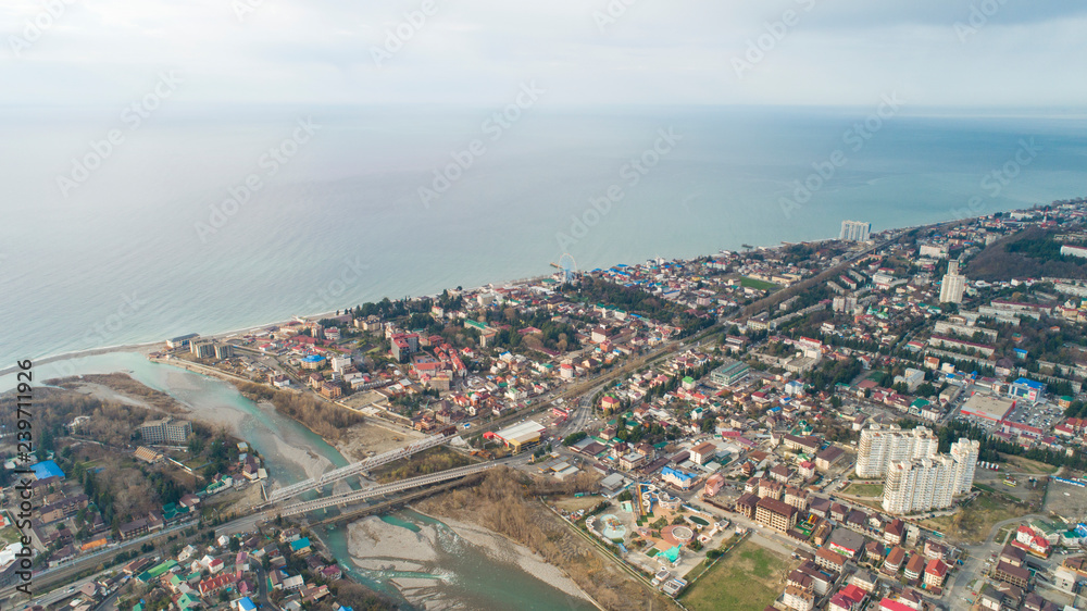 Naklejka premium Lasarevskoye, Sochi. Winter. Aerial view of a coastal town in mountains