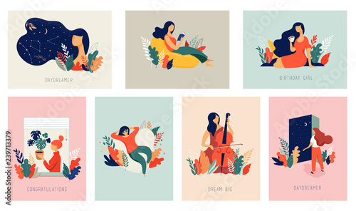 International Women's Day. Vector cards with women, leaves, flowers