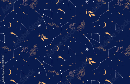 Constellations seamless pattern. Night background with stars, planents and leaves photo