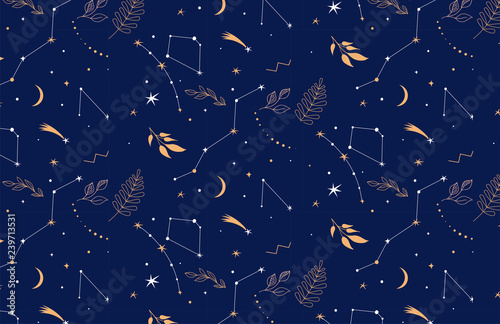 Constellations seamless pattern. Night background with stars, planents and leaves