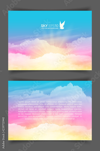 Two-sided horizontal flyer of a4 format with realistic pink-blue sky and cumulus clouds. The image can be used to design a banner, flyer and postcard.