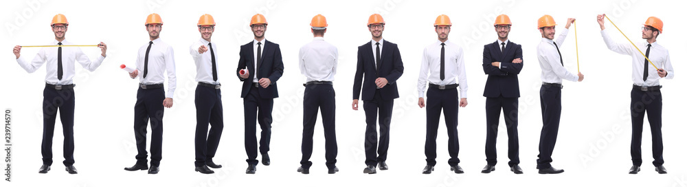 panoramic photo collage of confident architect isolated on white panoramic photo collage of confident architect isolated on white