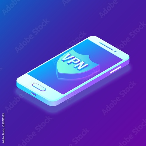 Virtual private network, VPN, Data encryption, IP substitute. Smartphone vith Security Shield. Cyber security and privacy, Isometric personal data protection. Privacy Protection. Vector Illustration.