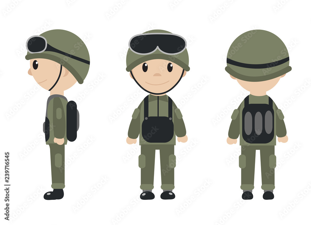 Cartoon soldier mascot set of objects in flat style. Soldiers character collection. Isolated on white background. Vector illustration.