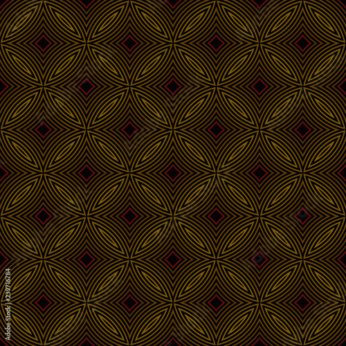 Seamless square pattern from geometrical abstract ornaments multicolored in olive shades on a dark background. Vector illustration. Suitable for fabric, wallpaper and wrapping paper