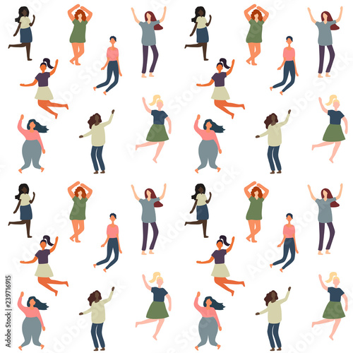 Seamless background with multiracial women of different figure type and size dressed in comfort wear. Female cartoon characters pattern. Body positive movement and beauty diversity. Vector 