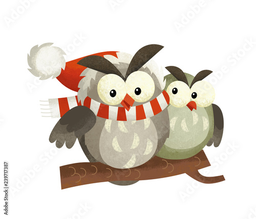 cartoon scene with owl bird santa claus on white background - illustration for children