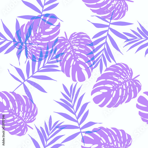 Seamless floral pattern with beautiful monstera and palm leaves. Jungle foliage violet and lavender on off white background. Textile design.
