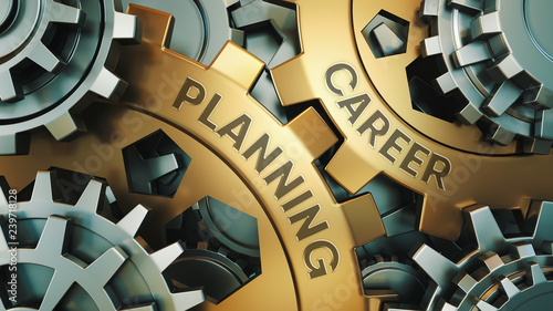 CAREER PLANNING concept. Gold and silver gear wheel background illustration. 3d render.