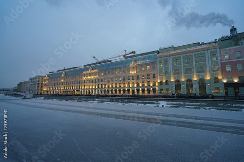 Image of Sadovnicheskaya embankment at winter evening in Moscow. 
