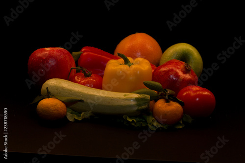 fresh vegetables, fresh fruits, tomatoes, salads, bell peppers, sweet peppers, set, vegetable group, fruit group