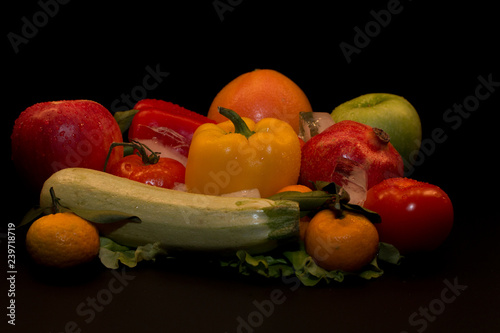 fresh vegetables, fresh fruits, tomatoes, salads, bell peppers, sweet peppers, set, vegetable group, fruit group