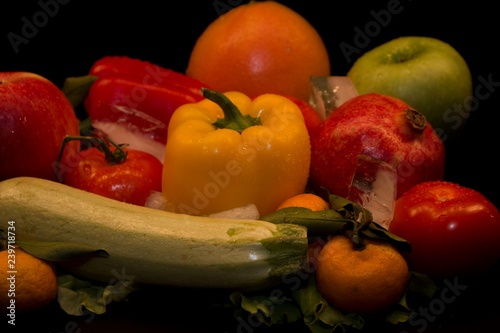 fresh vegetables, fresh fruits, tomatoes, salads, bell peppers, sweet peppers, set, vegetable group, fruit group