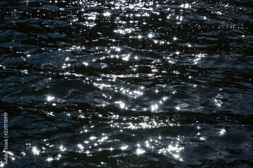 Surface of the water, waves with sun highlights, bright reflections.