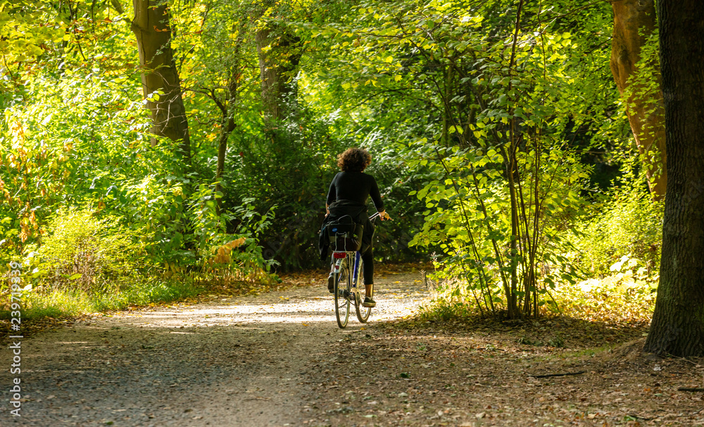 Obraz premium Healthy lifestyle. Woman is riding a bike in a path of Tiergarten park, Berlin, Germany. Nature background.