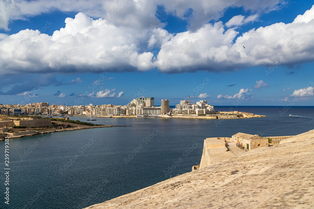 Malta. View from one of the bastions of Valletta Marsamshett Bay and the city of Sliema