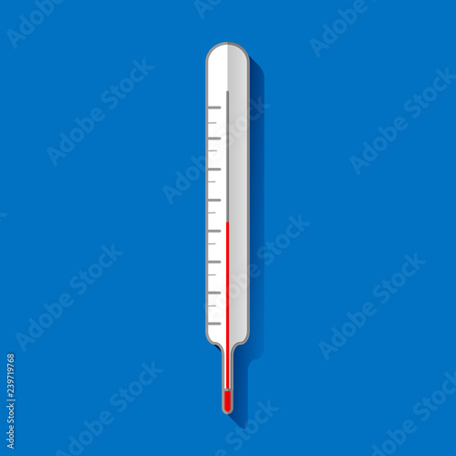 Medical thermometer icon with long shadow. Flat design style. Medical thermometer silhouette. Simple icon. Modern flat icon in stylish colors. Medicine symbol.