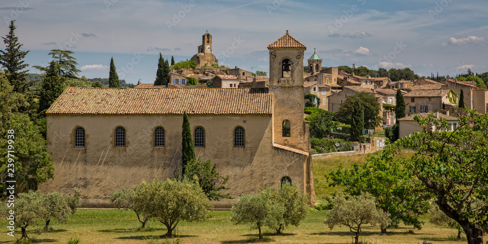 Village Lourmarin. Protestant Church and Olive Trees in Lourmarin, Provence, Luberon, Vaucluse, France